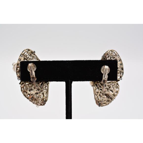 Vintage Clip Earrings Rhinestone Crystal AB Cluster Pearl Chunky 1980s BinAK - Picture 11 of 12